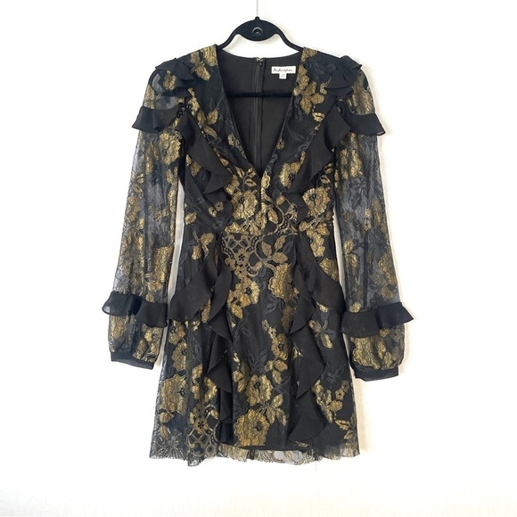For Love & Lemons Floral Lace Ruffle Black & Gold Dress - Picture 9 of 11